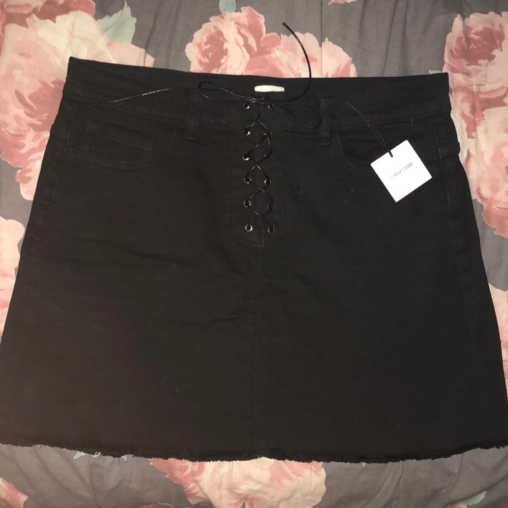 Highrise Black lace up denim skirt NWT